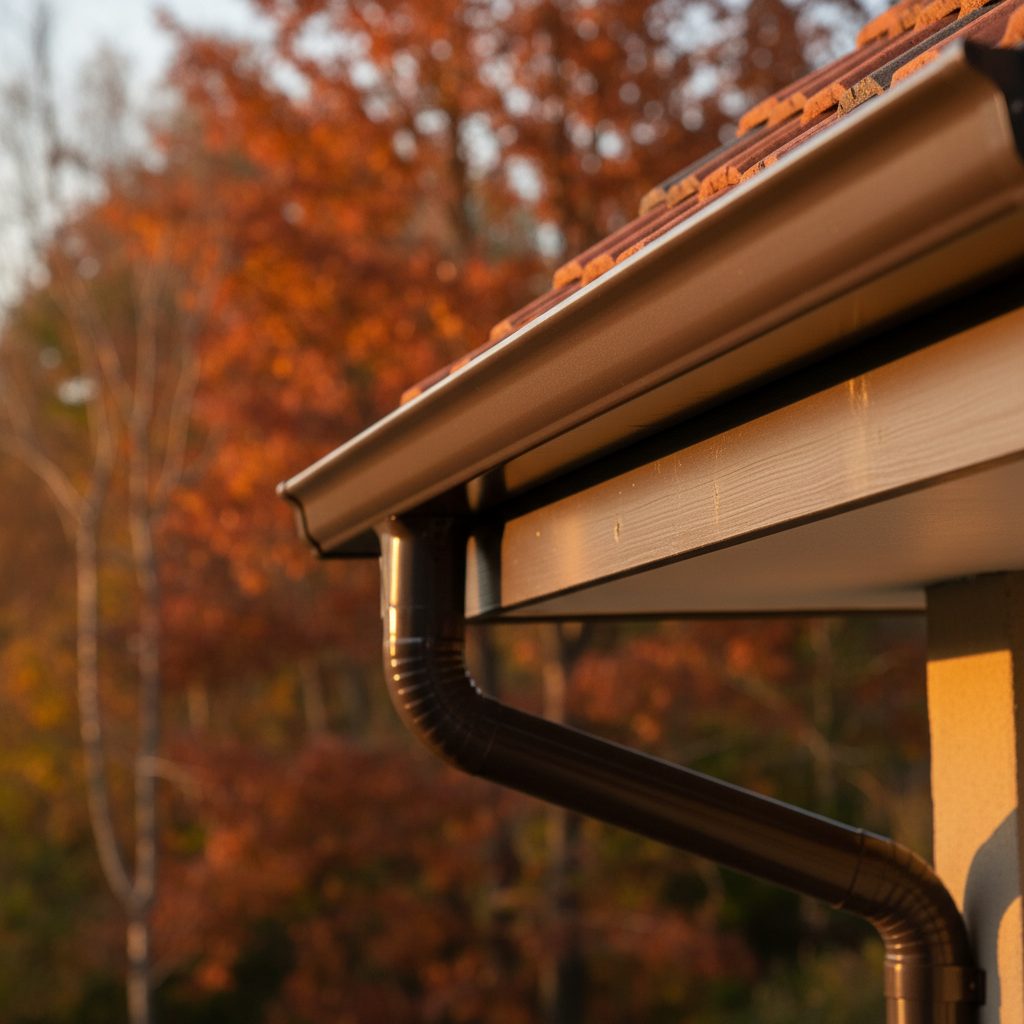 New seamless gutter run with downspout on a home in autumn